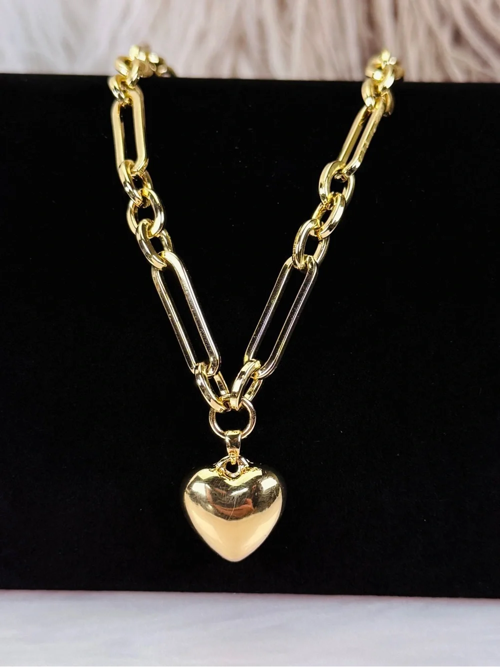 Gold Tone Paperclip Link Chain Puffy Heart Pendant Statement Necklace